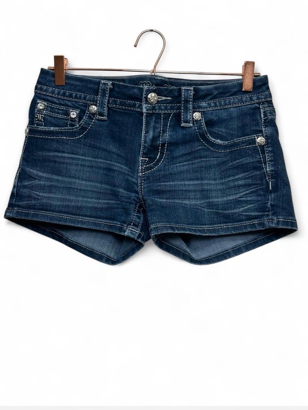 Miss Me Signature Shorts 28 Y2K Cross Rhinestone Sequin Dark Wash Denim